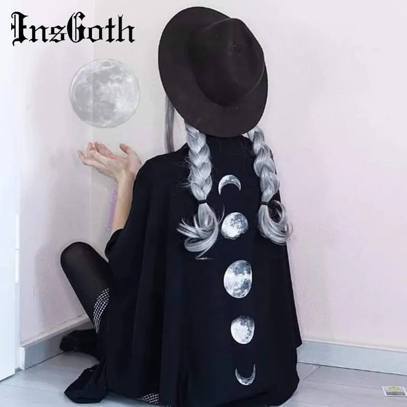 InsGoth Black Capes Coat Vintage Moon Print Gothic Loose Women Batwing Duplex Shawl Long Sleeve Cape Autumn Female Outerwear
