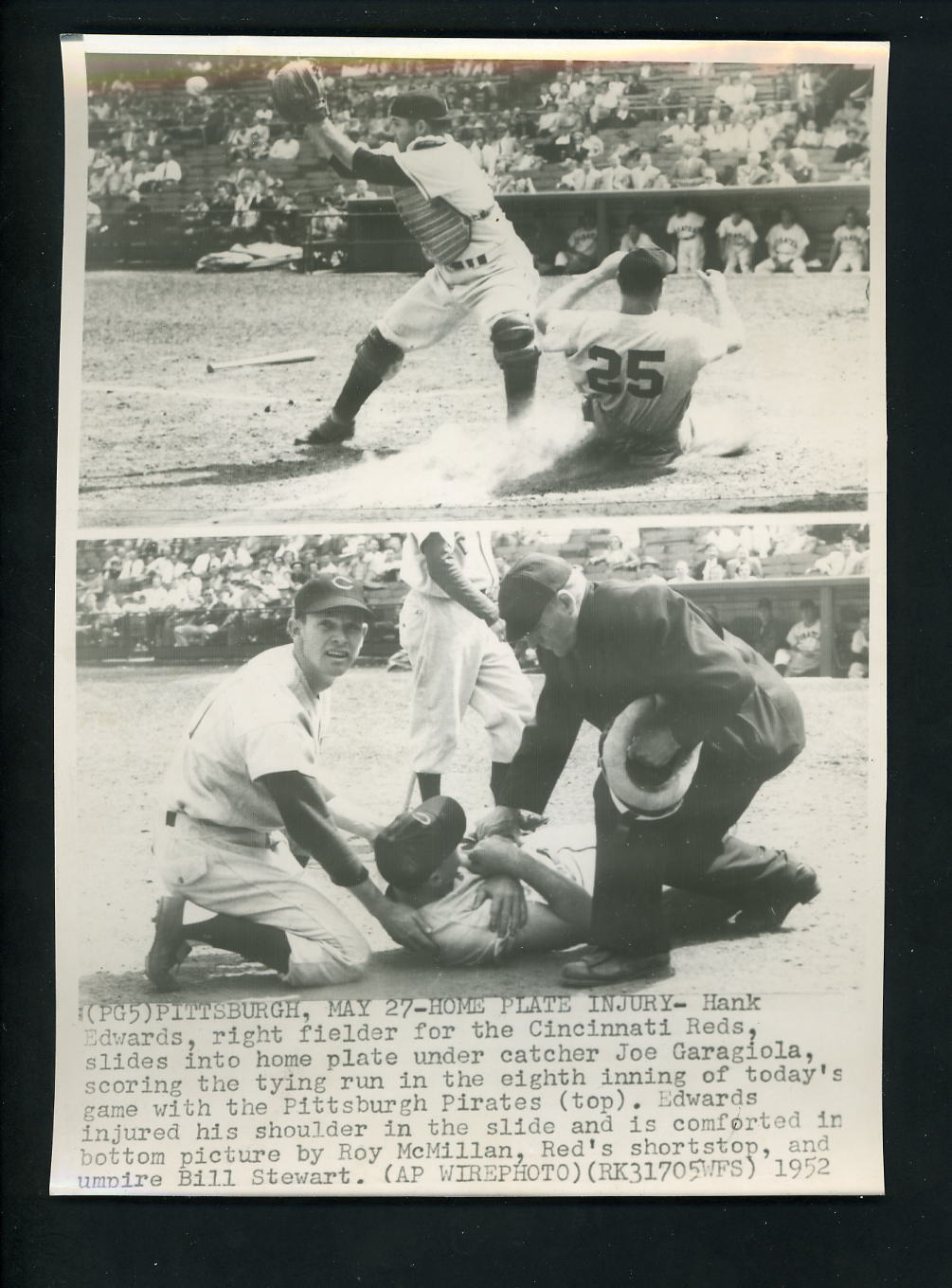 Hank Edwards Roy McMillan Joe Garagiola 1952 Press Photo Poster painting Cincinnati Reds Pirates