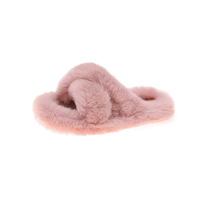 Winter Women Cross House Furry Slippers Fashion Faux Fur Warm Shoes Women Slip on Flats Female Home Open Toe Pink Plush Slippers