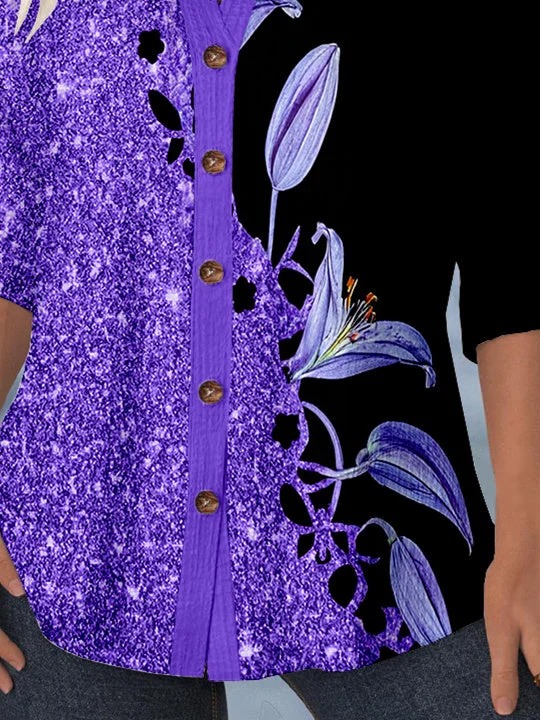 Women 3/4 Sleeve Shirt Collar Floral Printed Graphic Lace Button Pockets Tops