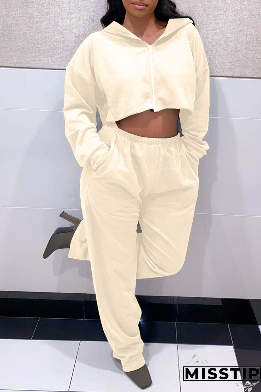 Cream White Casual Print Patchwork Zipper Hooded Collar Long Sleeve Two Pieces