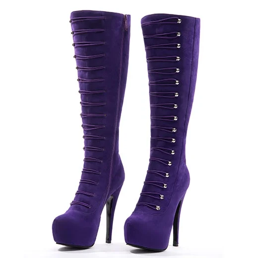 Purple Vegan Suede Fashion Boots Agraffe Platform High Heel Sexy Knee Boots |FSJ Shoes