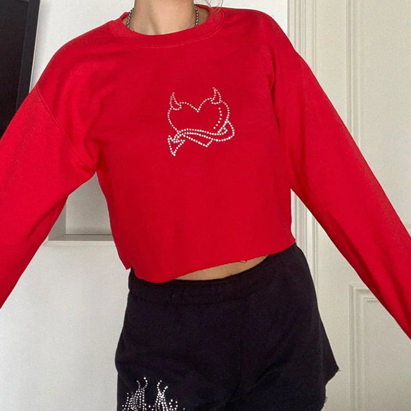 Heart Rhinestone Print Crop Sweatshirts Joggers Women Streetwear Autumn Casual Tops Crewneck Loose Cute 90s Shirts Cuteandpsycho