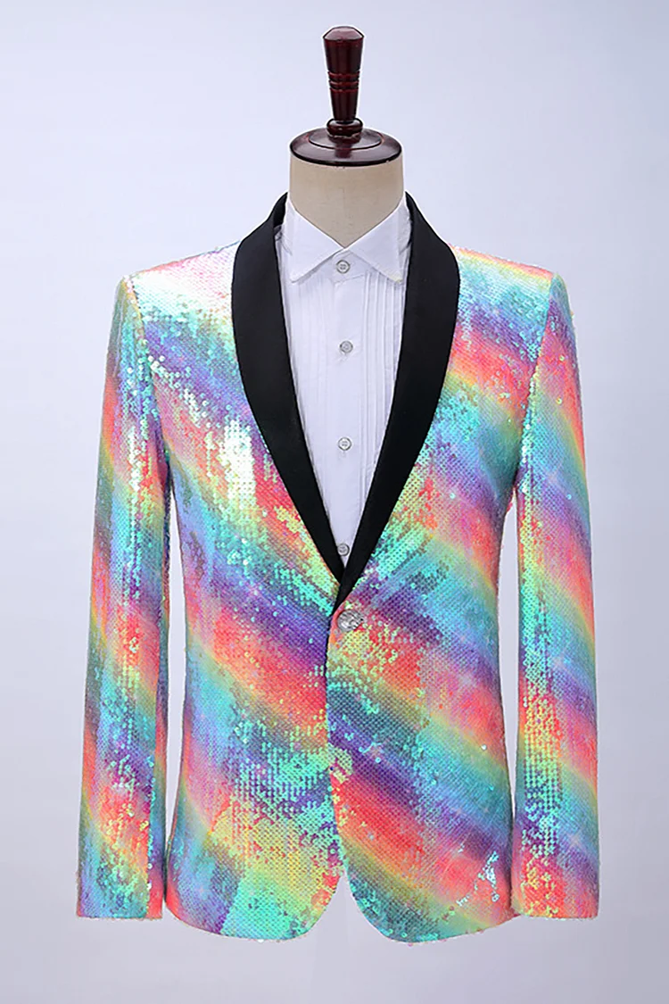 Gradient Rainbow Sequin Knit Stitching V-Neck Semi Formal Blazer