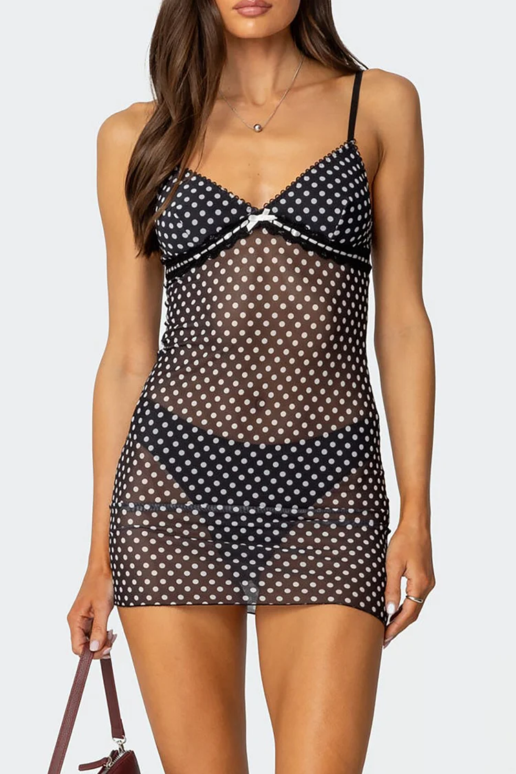 Polka Dot Print V Neck See Through Fitted Slip Mini Dresses-Black [Pre Order]