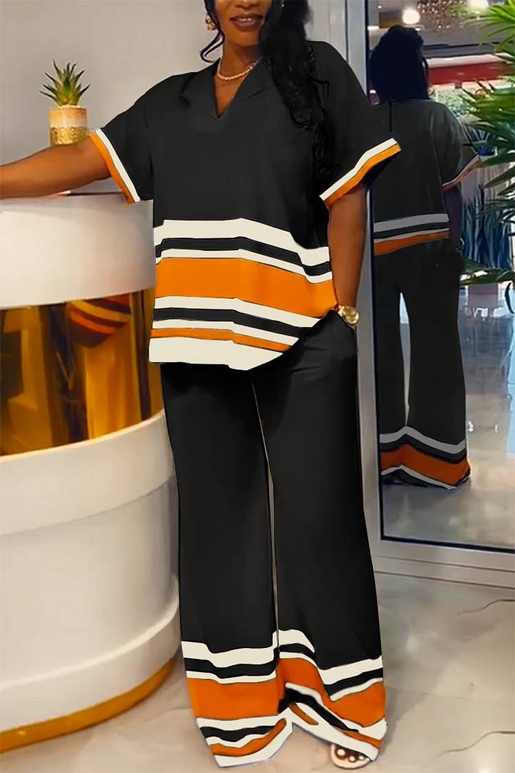 Plus Size Casual Black Stripe Colorblock V Neck Two Pieces Pants Set [Pre-Order]