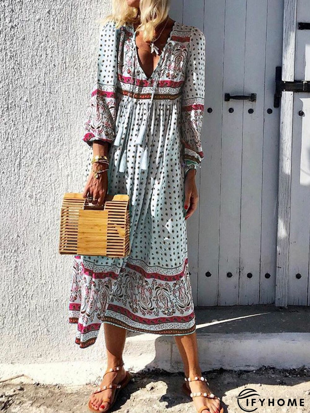 Women Daytime Boho V-Neck Printed Paneled Dress | IFYHOME