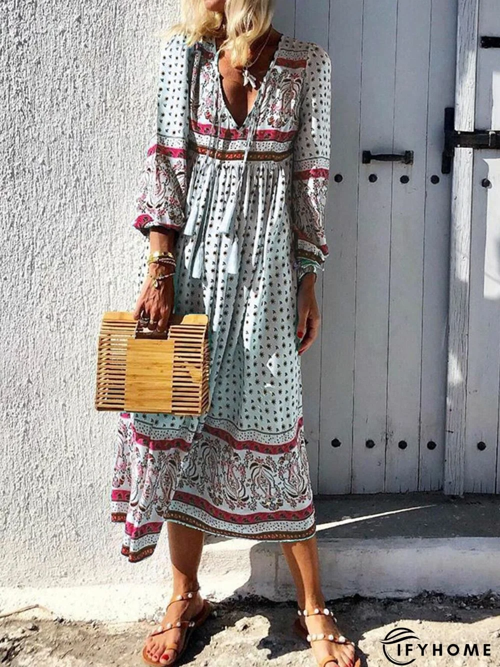 Women Daytime Boho V-Neck Printed Paneled Dress | IFYHOME