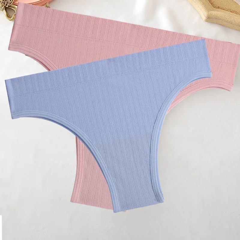 FINETOO 2PCS/Set M-XL Women Seamless Pantys 9 Solid Colors Sexy Brazilian Panties  Midi-Waist Underpants For Girls Fashion Thong