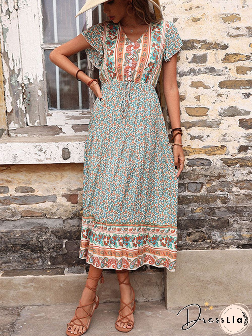 Long Skirt Retro Printed Green Slim Dress
