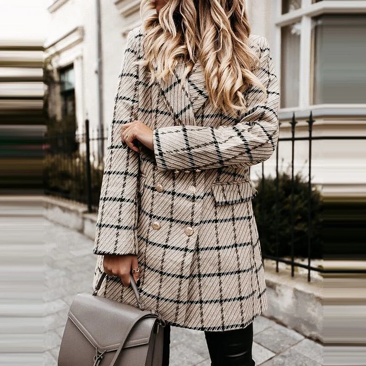 New Fashion Autumn Winter Women Lapel Print Woolen Coat Casual Suit Buttons Cardigan Long Sleeve Coat Elegant Slim Office Jacket