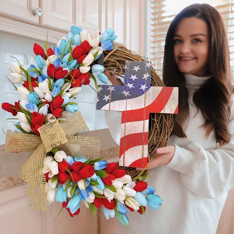 💞Patriotic Independence Day Wreath With Cross,Tulip Wreath, 4th of July Wreath, American Flag Wreaths, Patriotic Home Decor, Military Wreath, Housewarming Gift Ideas, America Wreath, USA