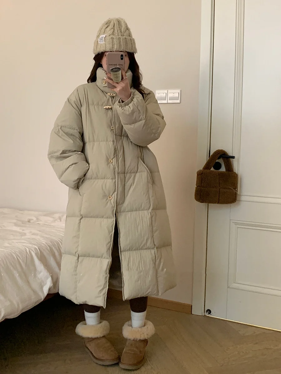 Woherb East Gate Korean Horn Buckle Long Down Jacket Female 2024 Winter Temperament Over The Knee And Thick White Duck Velvet Coat Tide-Outfit Ideas