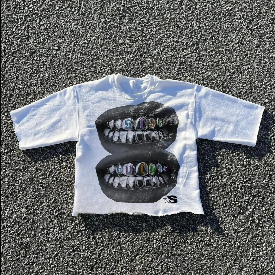 Aonga Teeth Letter Graphic Print Oversized T Shirt Mens Womens Y2k Top Hip Hop Harajuku Gothic T Shirts Short Sleeve Streetwear Tops aonga