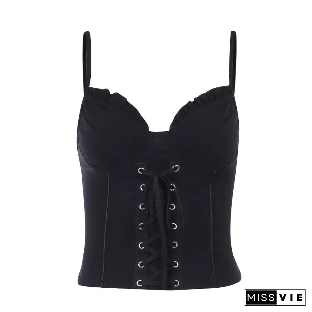 Goth Cross Print Lace Bodycon Crop Tops Camis Sexy Y2K Aesthetic Black Red Basic Corset Tank Top Summer Clothes For Women Girls