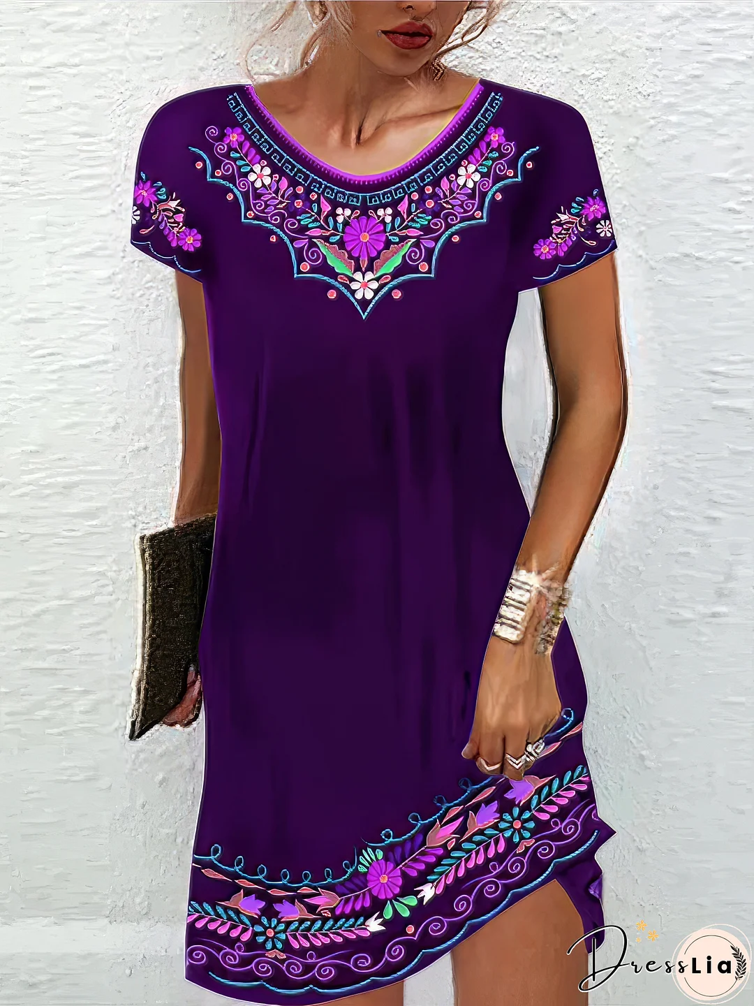 Casual Ethnic Shift Floral Print Basic Daily Vacation Loose Fit Crew Neck Midi Dress
