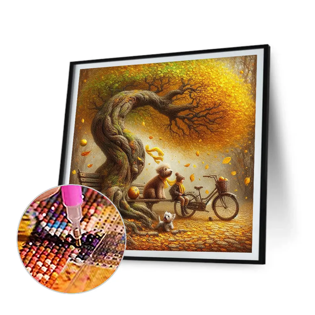 Full Round Diamond Painting 40*40cm - Dog And Family Under The Big Tree In Autumn