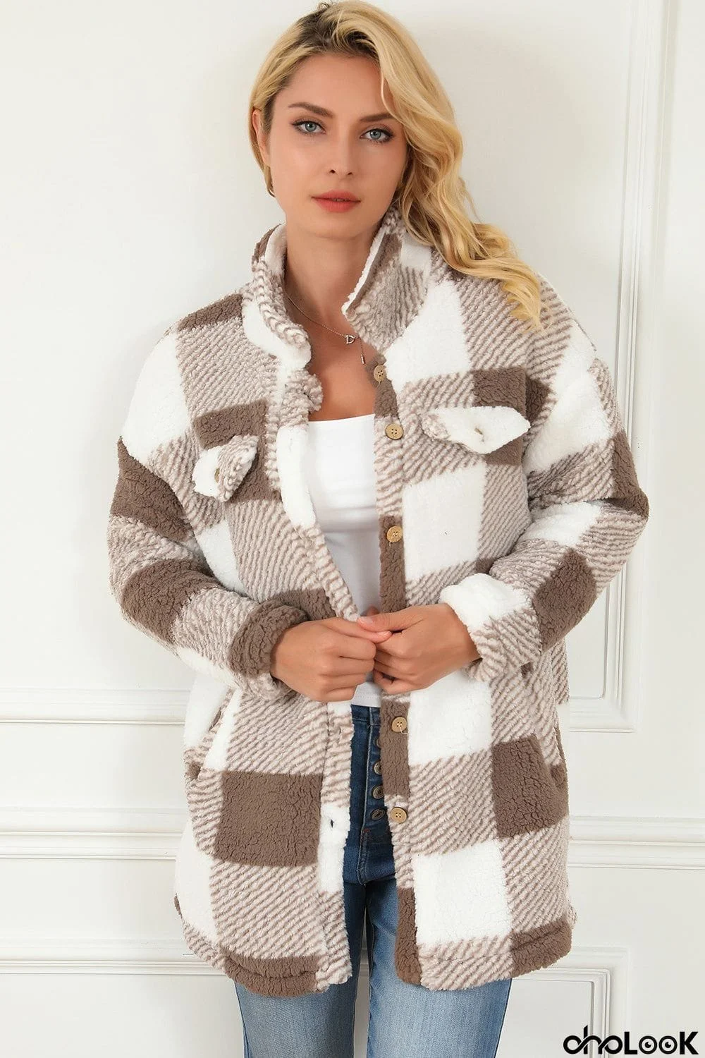 Plaid Button Down Coat with Pockets