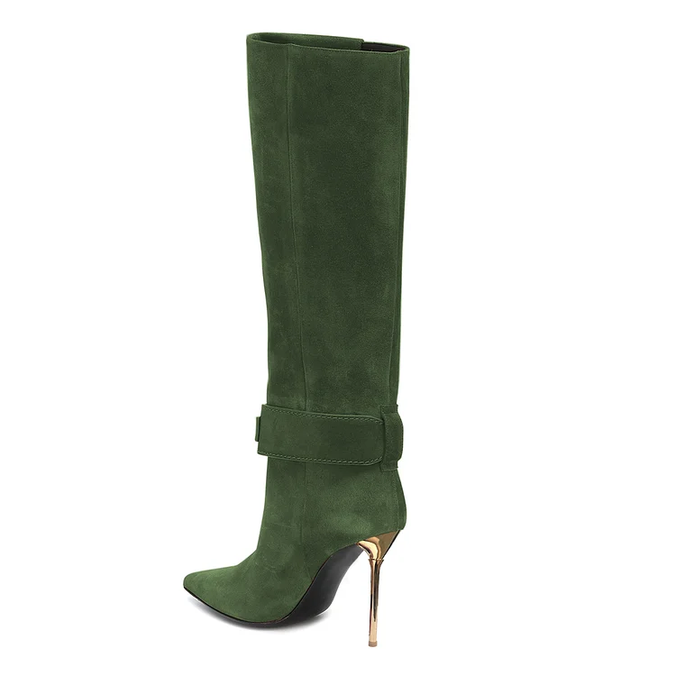 Green Fall Boots Suede Calf Length Stiletto Heel Fashion Boots |FSJ Shoes