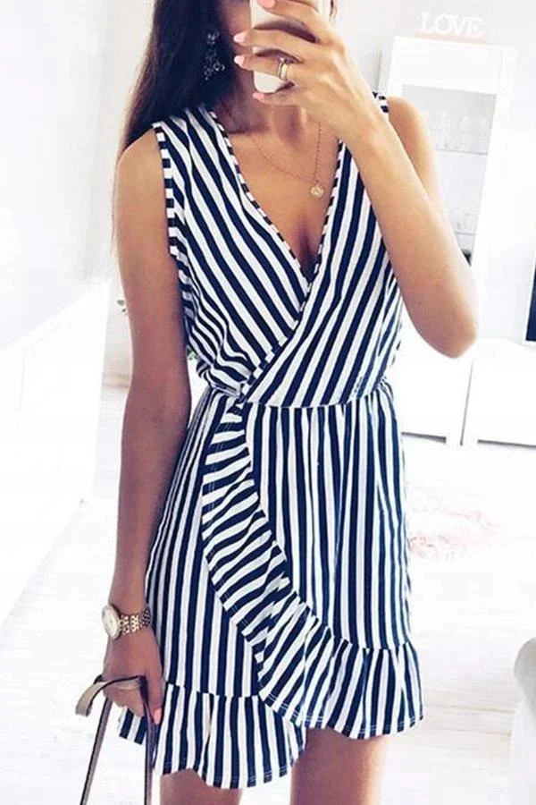 Womens Sleeveless Striped V Neck Dress-Allyzone-Allyzone