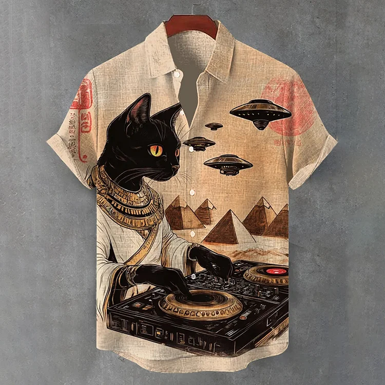 Men's Egyptian Cat Dj Ufo Art Print Short Sleeve Shirt