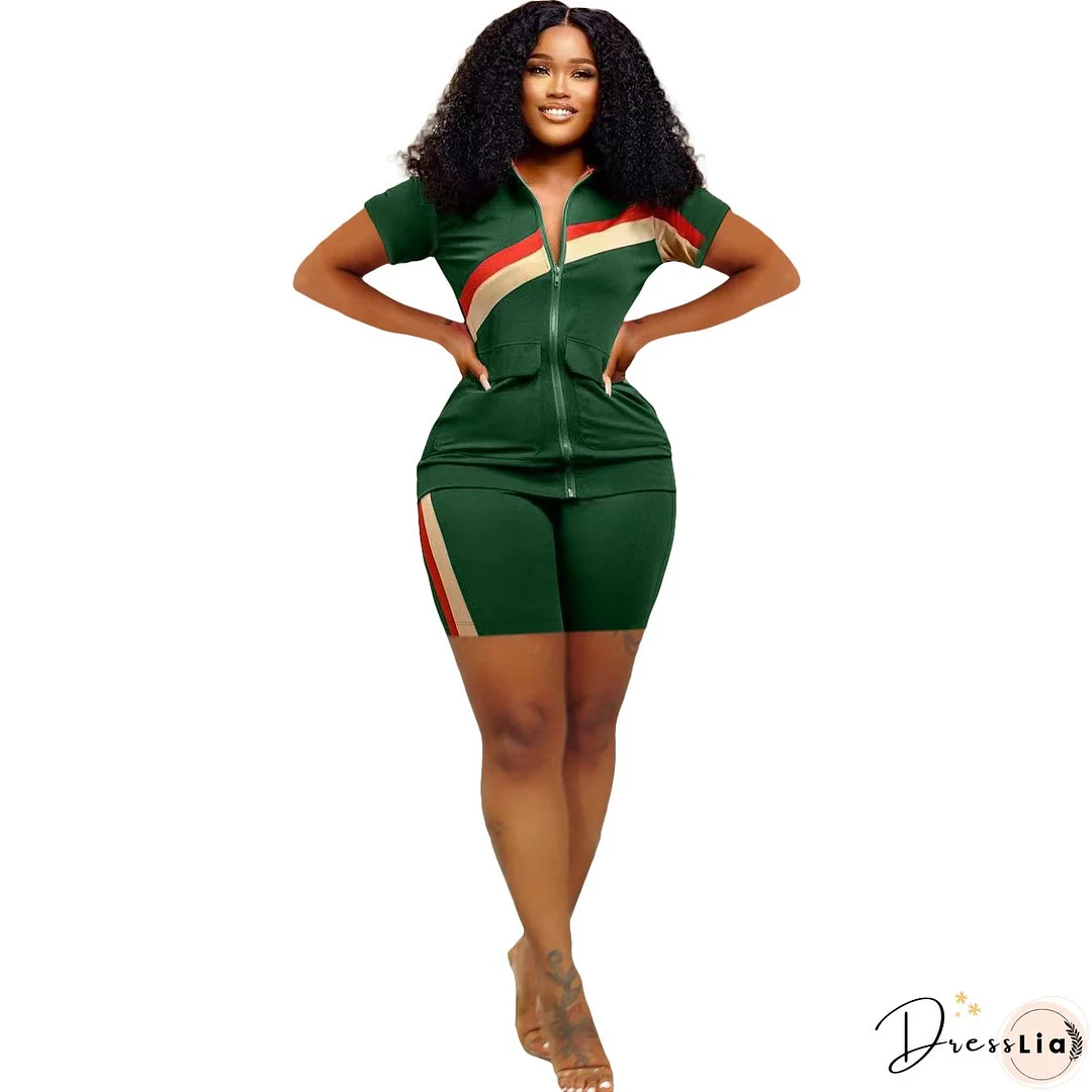 Women's Sports Casual Fashion Zip Pocket Top Shorts Two-Piece Set