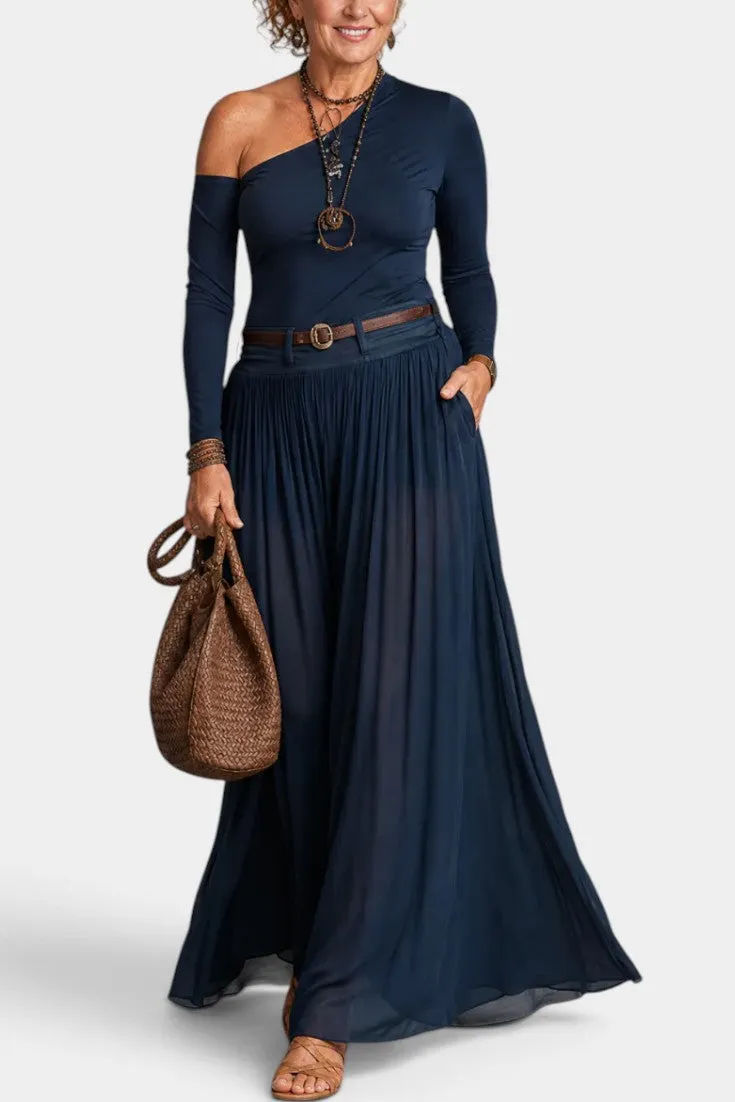 Asymmetric Off-Shoulder Top with Flowy Maxi Skirt