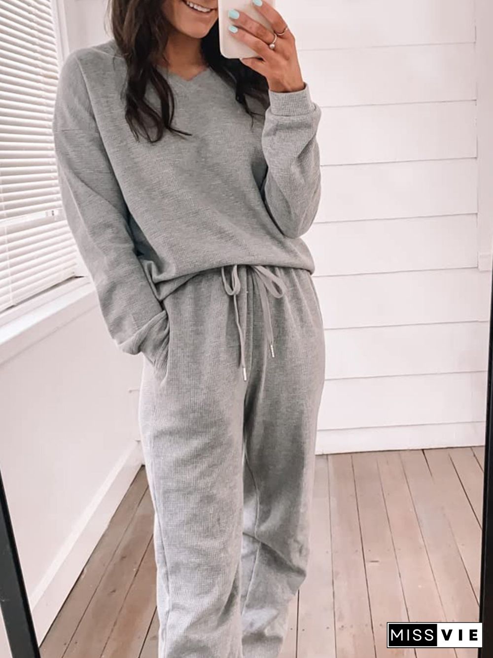 Casual Plain Elastic Waist Loose Two Piece Sets