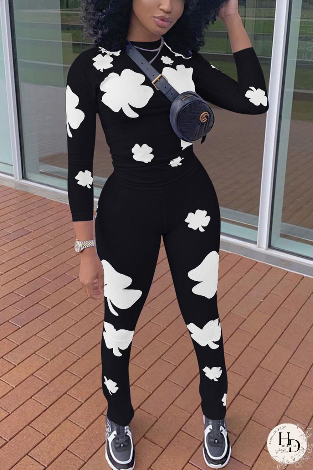 White Casual Print O Neck Long Sleeve Two Pieces