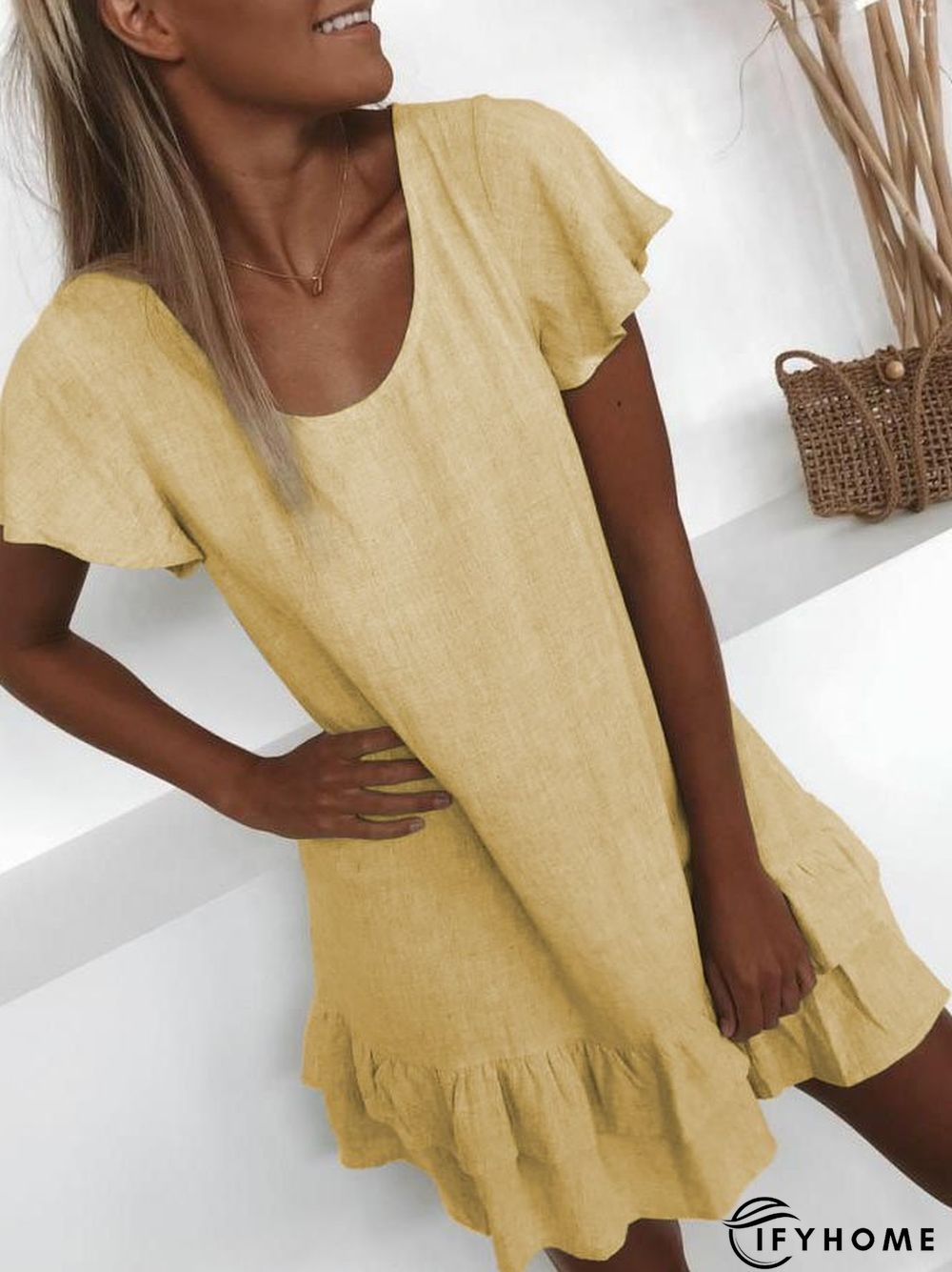 zolucky Plus Size Casual U-Neck Solid Short Sleeve Mini Weaving Dress | IFYHOME