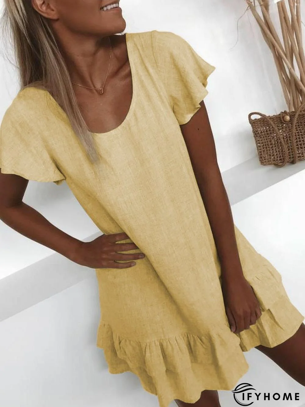 zolucky Plus Size Casual U-Neck Solid Short Sleeve Mini Weaving Dress | IFYHOME