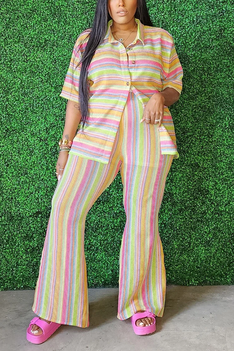 Plus Size Casual Rainbow Stripes Lapel Collar Two Pieces Pant Sets [Pre-Order]