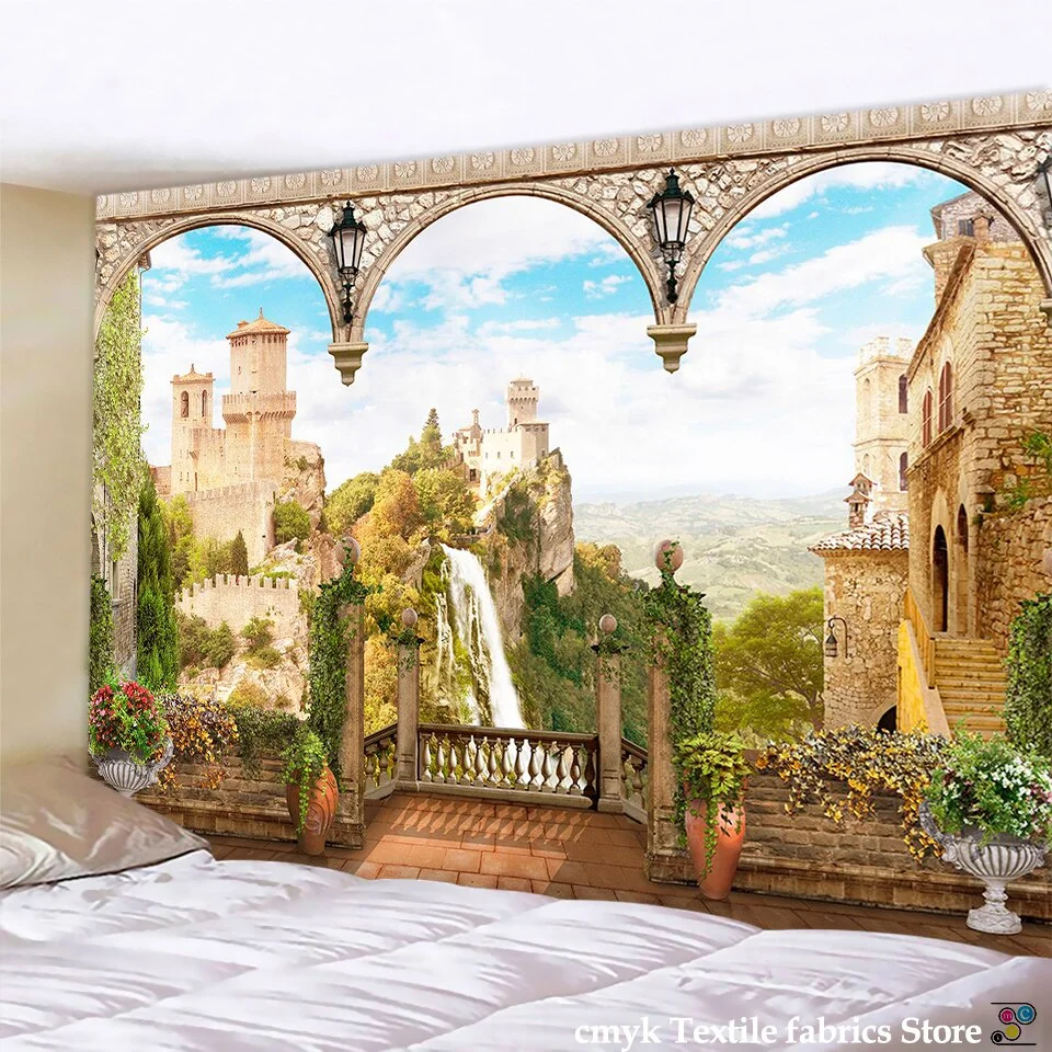 Viewing Platform Tapestry Ancient Rome Middle Ages Column Mountain Forest Castle River City Peacock Swan Wall Hang