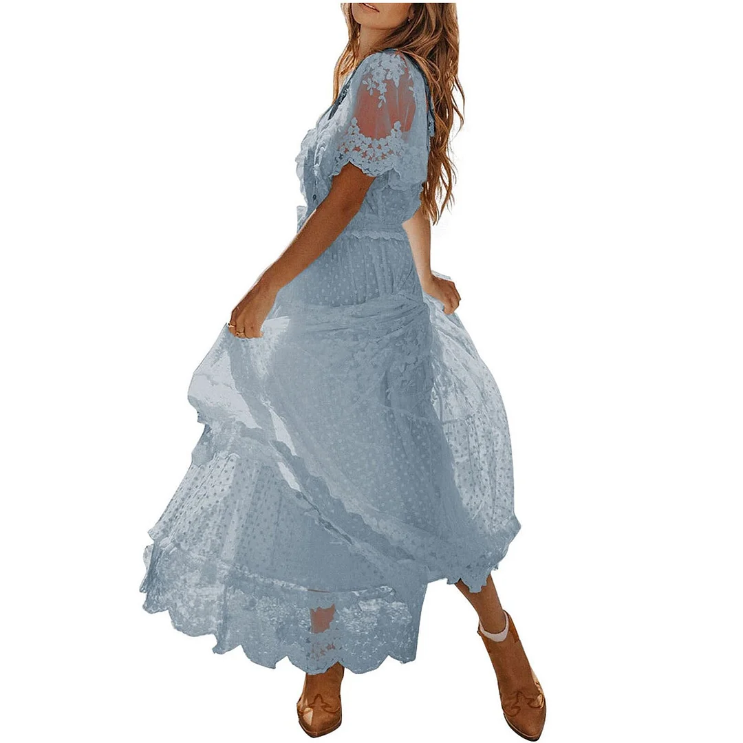 Nigikala Nigikala Women's Wish V-Neck Short-Sleeved Lace Dress For Summer 2025