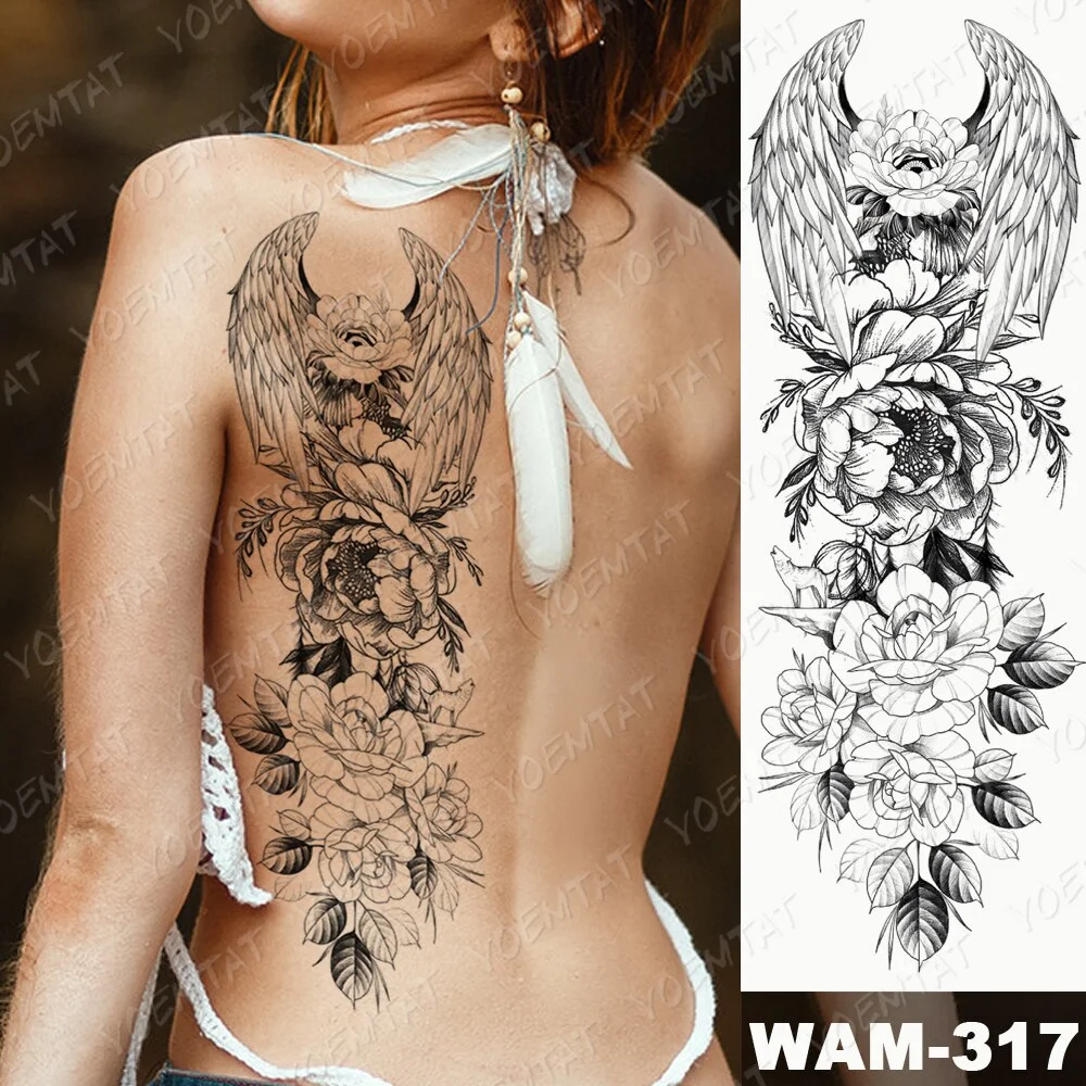 Large Arm Sleeve Tattoo Big Wing Gun Rose Waterproof Temporary Tatto Sticker Clock Flowers Body Art Full Fake Tatoo Women Men