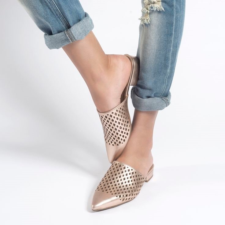 Gold Hollow out Mule Pointy Toe Flat Sandals |FSJ Shoes