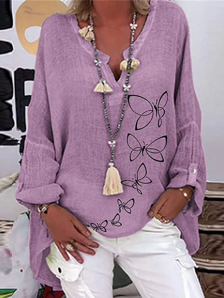 Casual Butterfly V Neck Button Long Sleeve Blouse