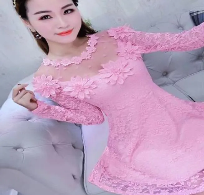 2020 Autumn New Flower Lace Women Dress Slim Long Sleeve Female Dresses