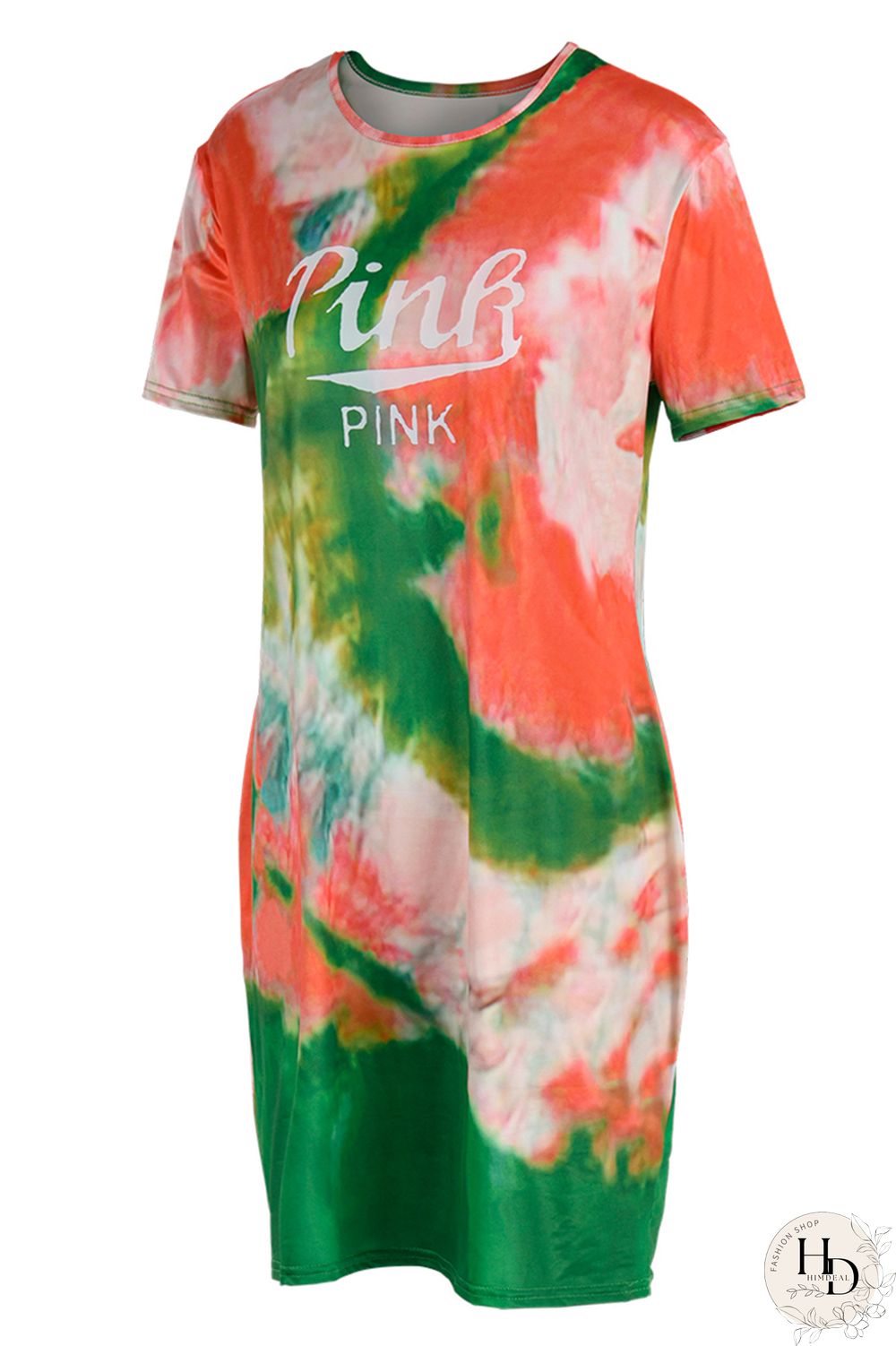 Orange Green Fashion Casual Letter Print Tie-dye O Neck Short Sleeve Dress Dresses