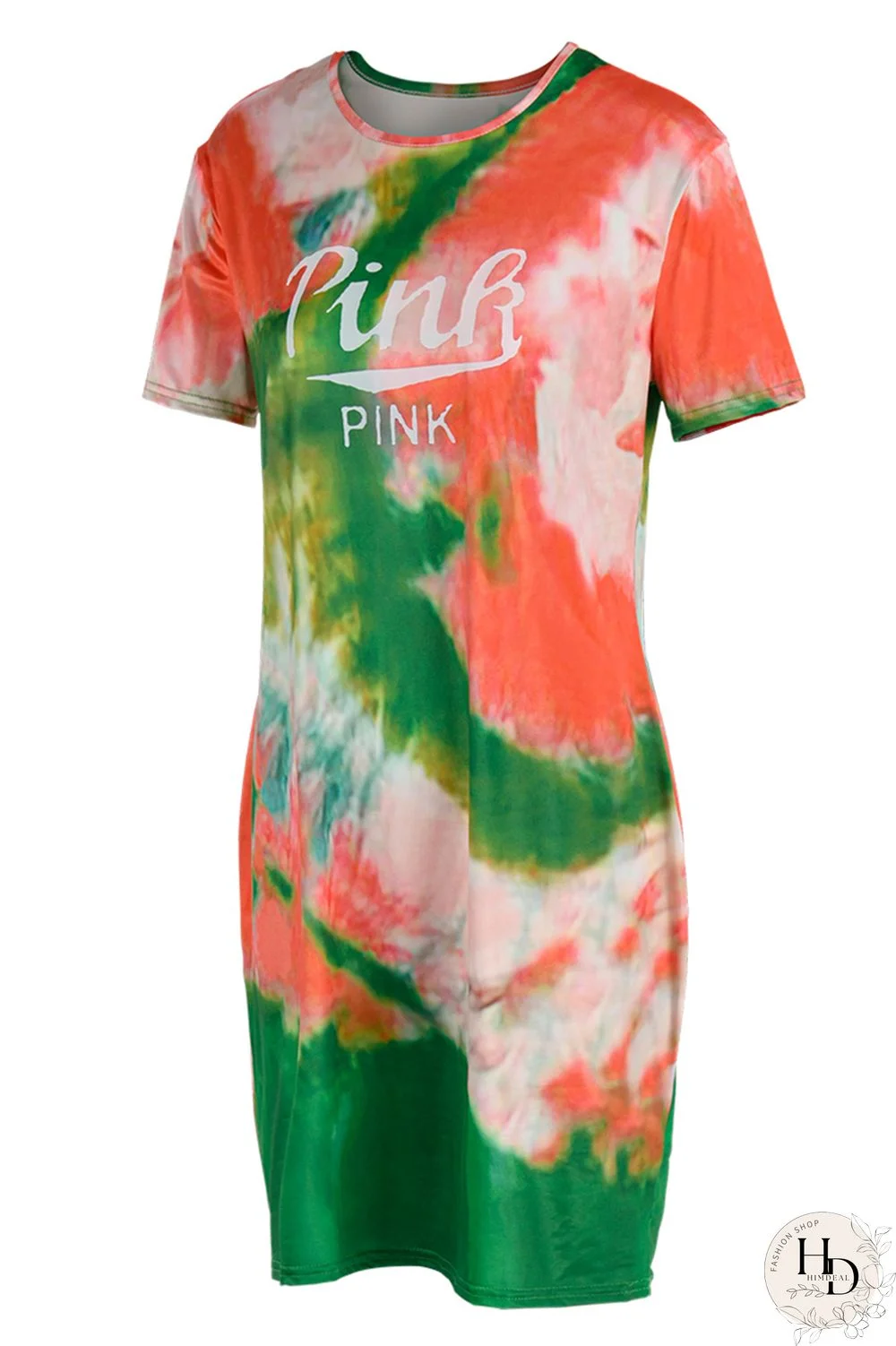 Orange Green Fashion Casual Letter Print Tie-dye O Neck Short Sleeve Dress Dresses