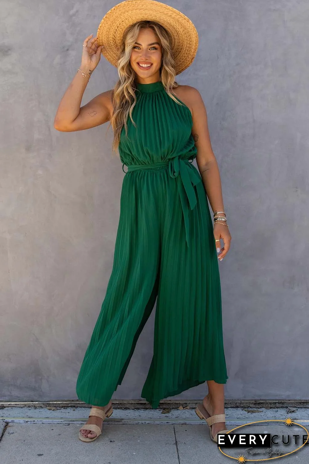 Green Halter Neck Pleated Wide Leg Jumpsuit with Belt