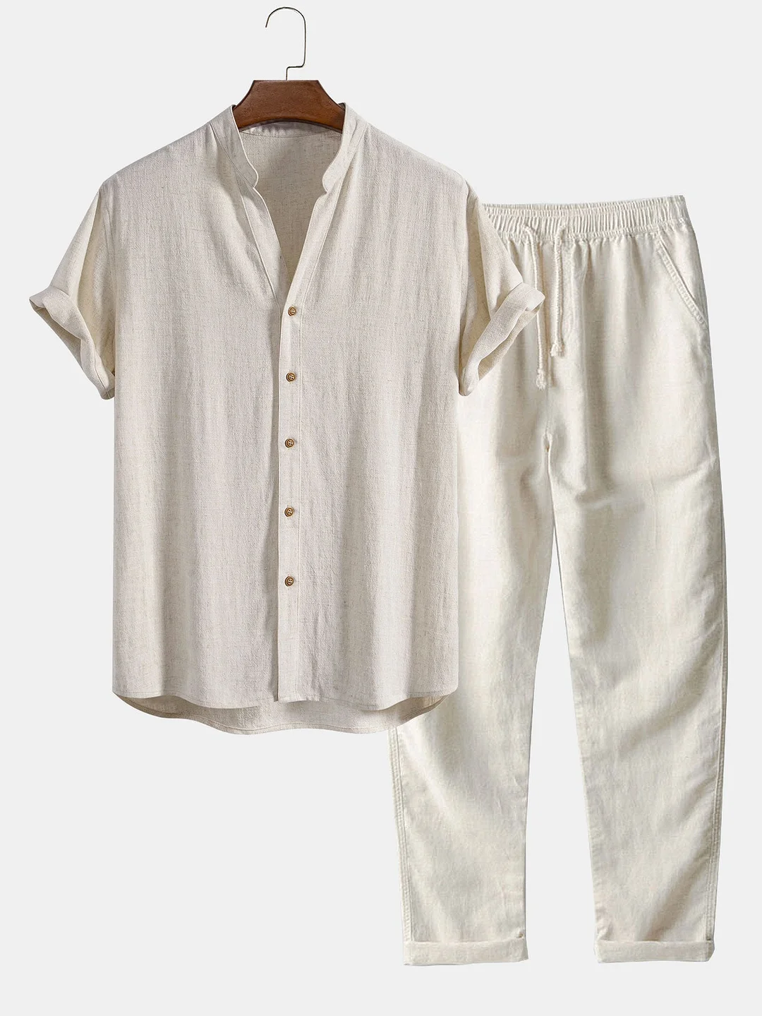 Short Sleeve Linen Rayon Blend Stand Collar Shirt & Straight Leg Linen Pants