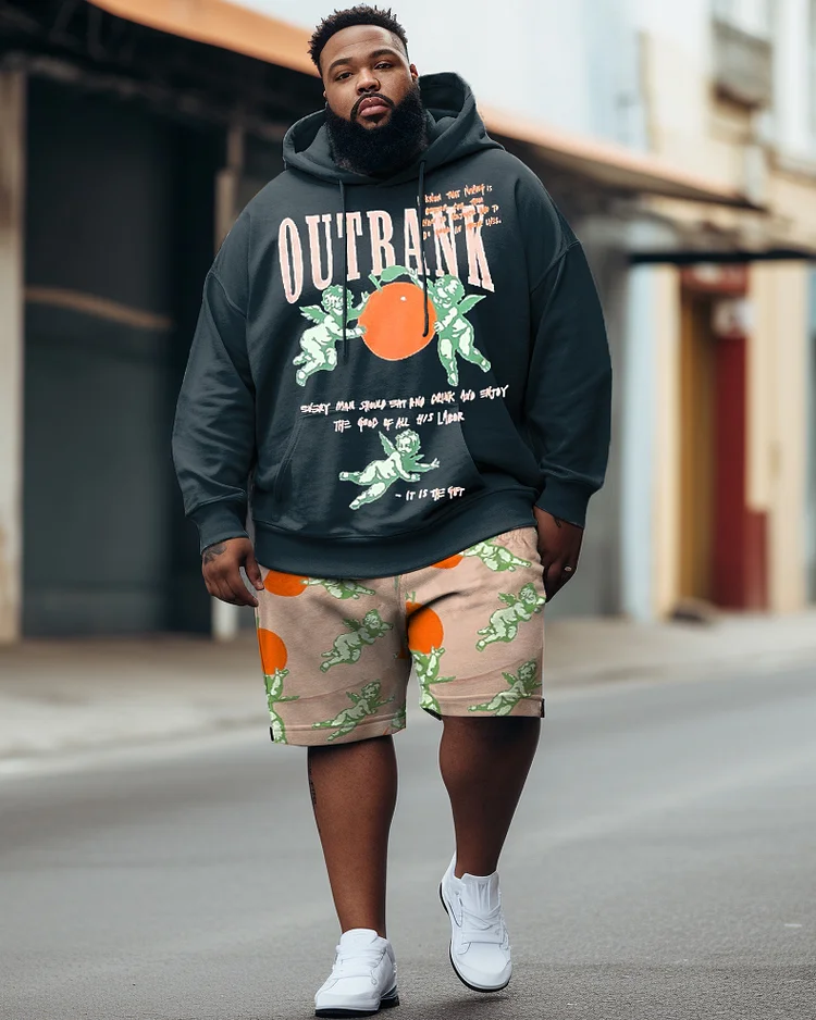 Men's Plus Size Hip Hop Orange Angel Outrank Graffiti Hoodie Shorts Two Piece Set
