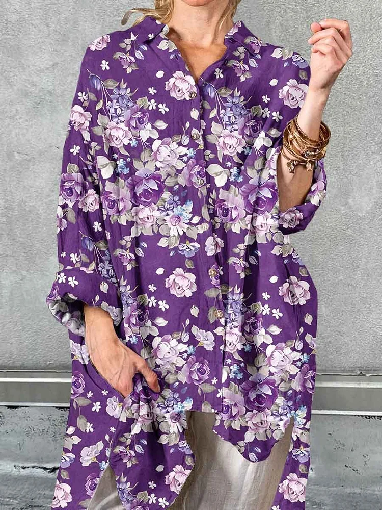 Women's Art Elegant Rose Floral Pattern Cotton Shirt
