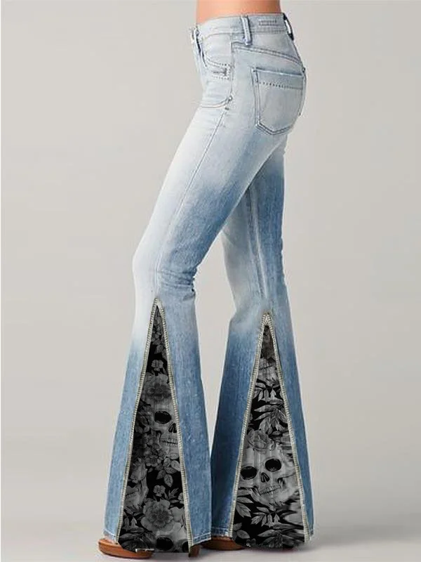 Casual punk print stitching mid-rise flared pants