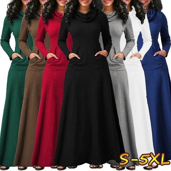 Autumn And Winter Women's Long Sleeve Dress Pure Colors Dress Loose Maxi Dresses Casual Long Dress Plus Size S-5Xl