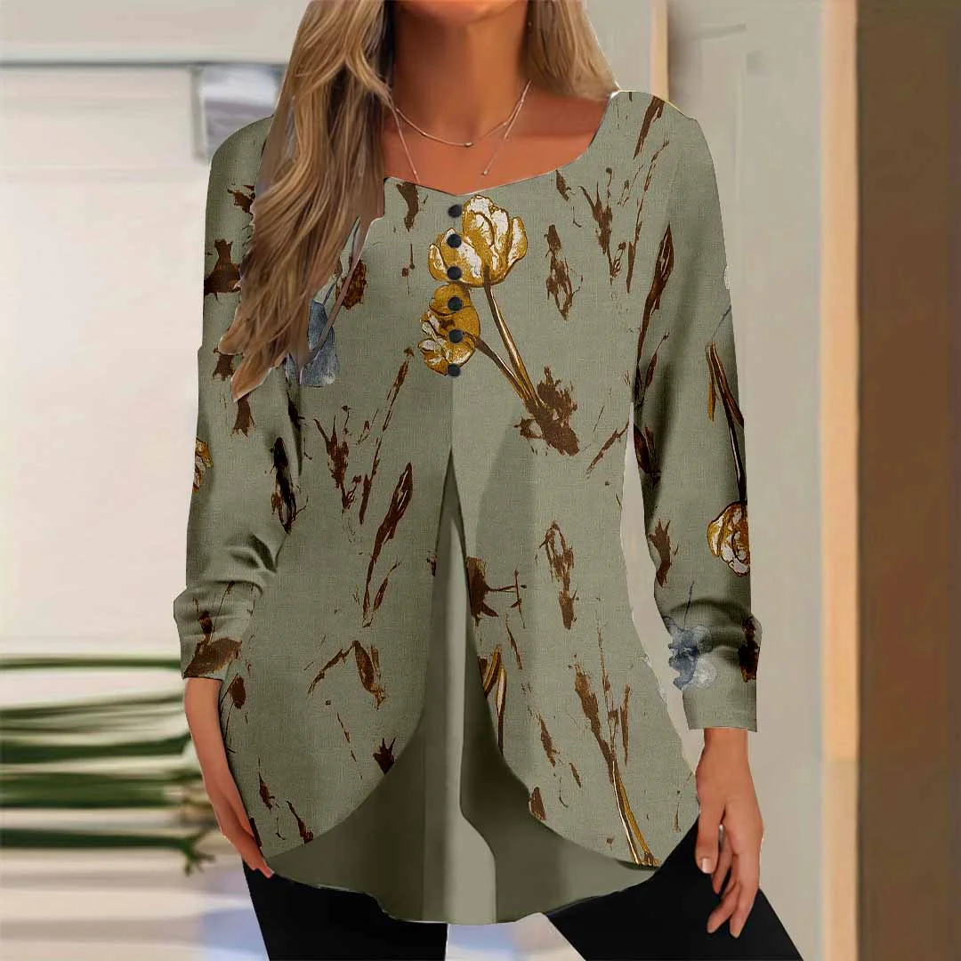 Women Floral,Brown DZGG8319 Long Sleeve Scoop Neck Printed Graphic Button Fake 2in1 Tops