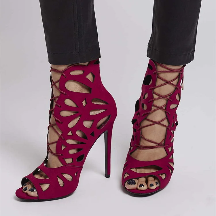 Burgundy Stiletto Heels Hollow Out Peep Toe Lace Up Strappy Sandals |FSJ Shoes