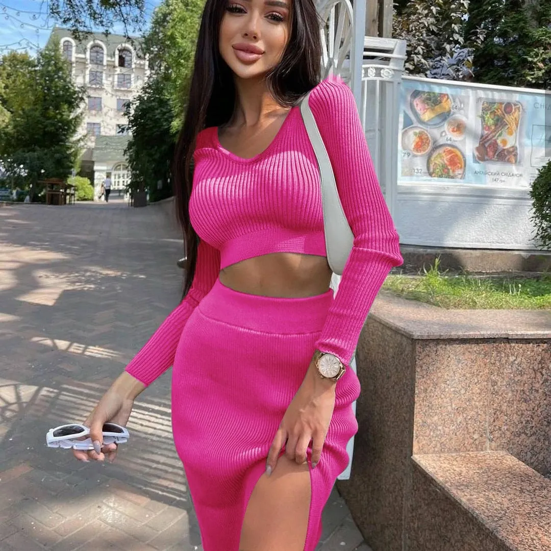 wsevypo Autumn Chic Casual Knitted Two-pieces Skirts Suits Women's Sets Long Sleeve Cropped Pulloves+Split Midi Bodycon Skirts