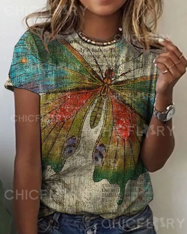 Women's Butterfly Floral Pattern Crew Neck T-shirt